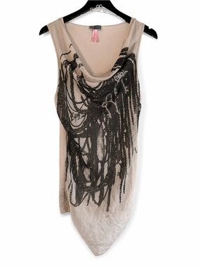Lipsy London Y2K Chain Print Cowl Neck Tunic Tank Top Womens Size 10 Beige Black